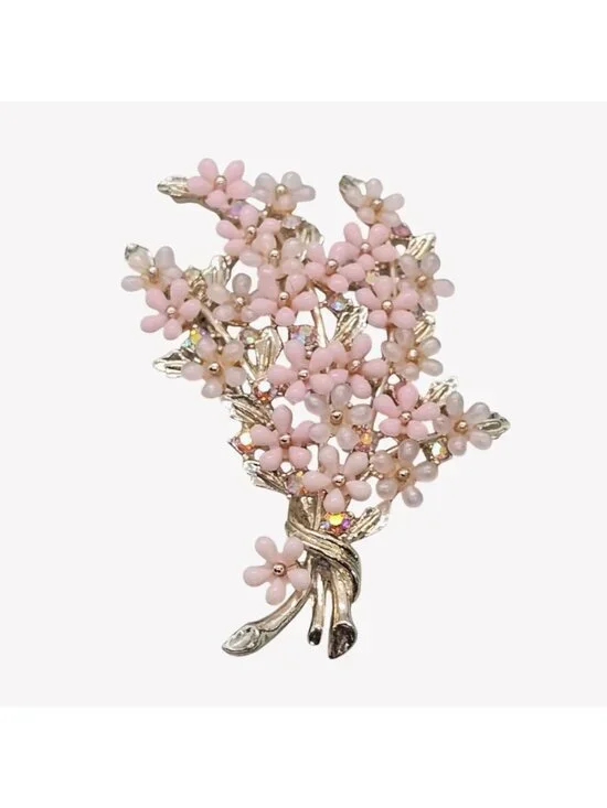 1960s ART Arthur Pepper Pink Lucite Plastic AB Rhinestone Flower Bouquet Brooch - Picture 2 of 6